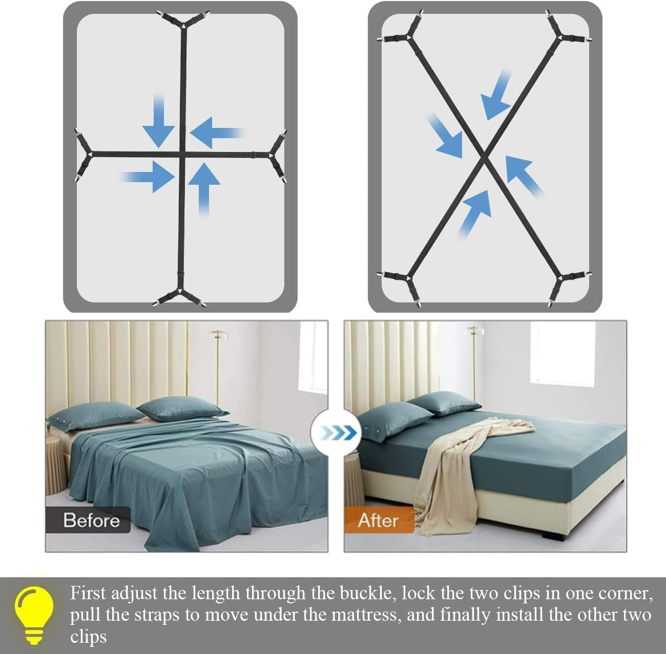 H HOME-MART Sheet Suspenders - 2Pcs Adjustable Fitted Sheet Holder Straps, Clips, Fasteners - Crisscross Elastic Band Bed Sheet Clips for Secure Fit image number 5