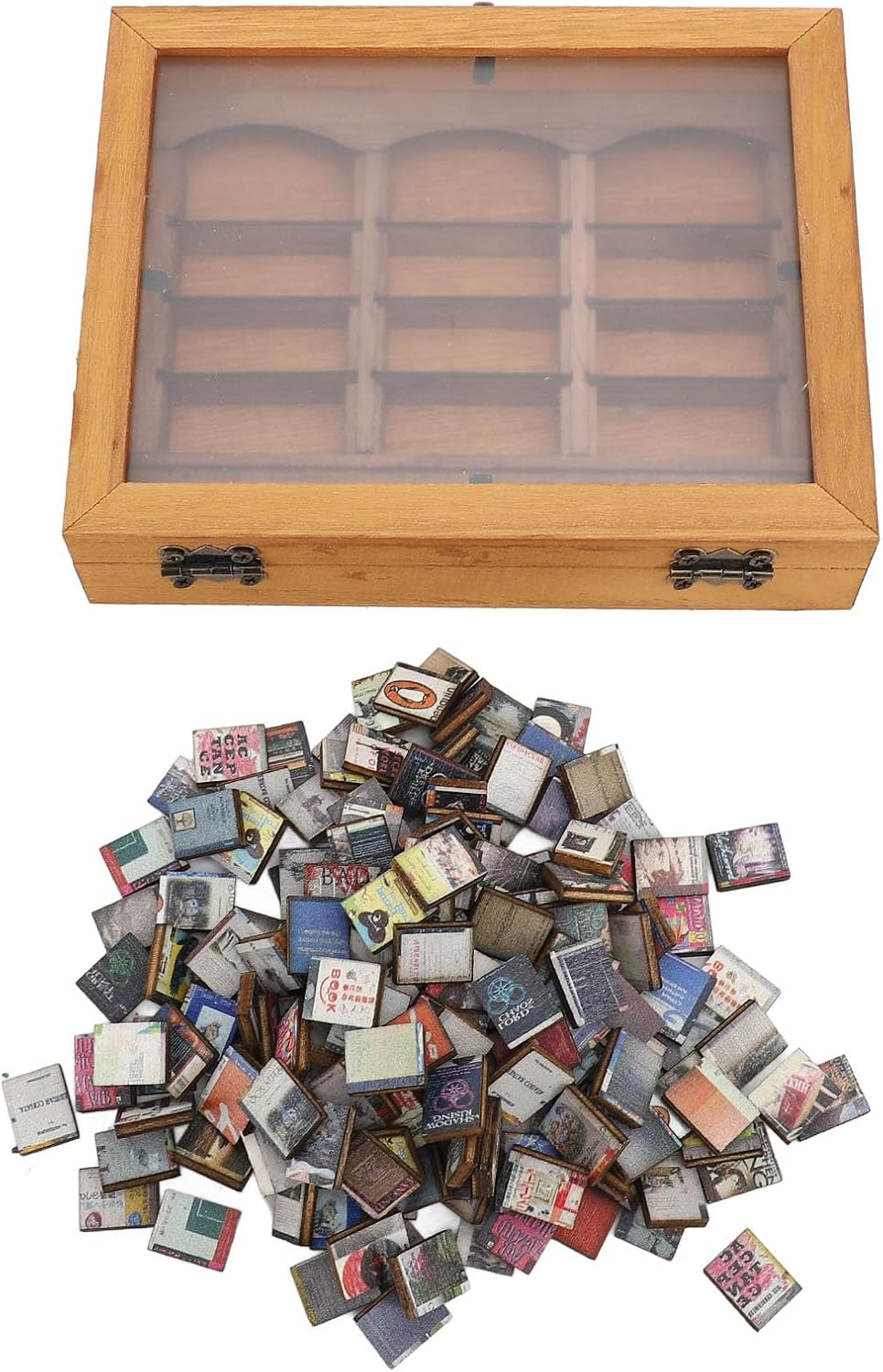 Jiawu Anxiety Bookshelf, Mini Wooden Book Box Display Case with 196 Books, Miniature Book Library Cabinet, Shake Away Your Anxiety, Desk Decor for Home, Living Room, Office image number 2