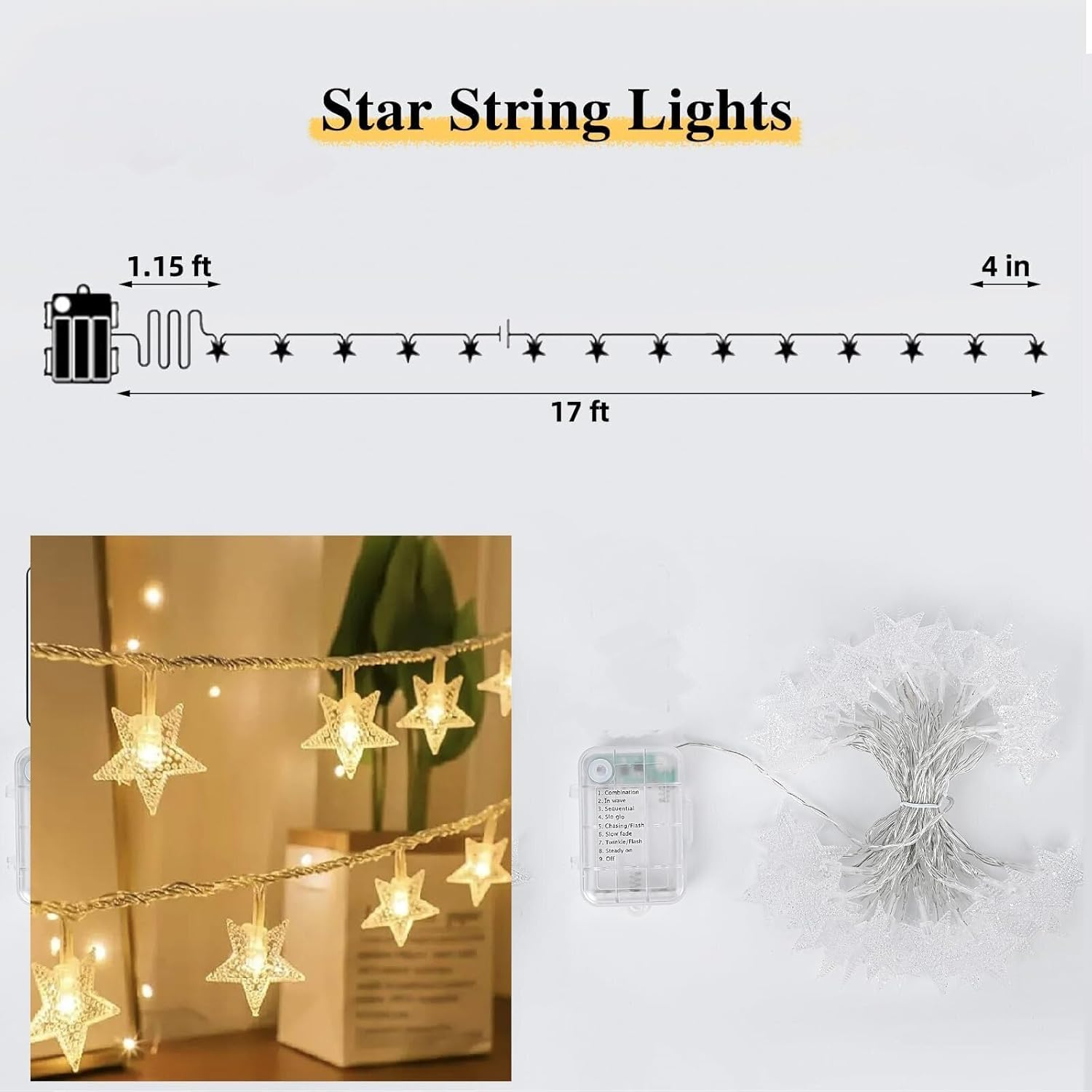 50 LED Star String Lights 5M Fairy Christmas Lights Battery Operated for Indoor & Outdoor, Party, Wedding and Holiday Decorations Warm White image number 1