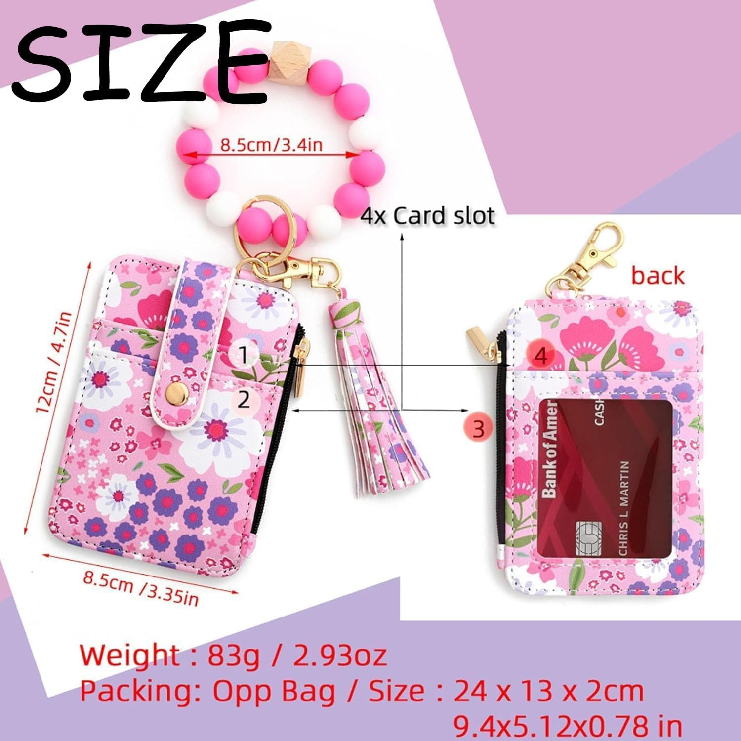 Bohemian Style Wristlet Wallet Keychain for Women, Floral Print Card Holder with Beaded Bracelet & Tassel, Leather Purse image number 5