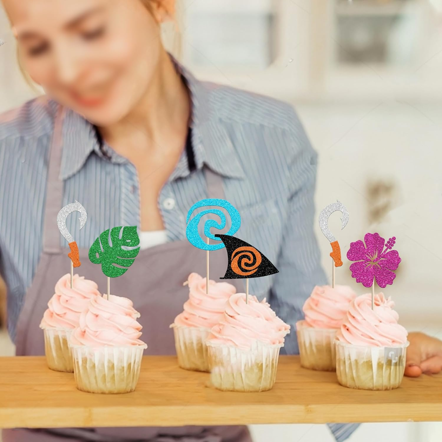 30 Pack Moana Cupcake Toppers Glitter Palm Monstera Leaf Flower Cupcake Picks for Tropical Hawaiian Luautheme Baby Shower Kids Birthday Party Cake Decorations Supplies (#1) - 2 image number 7