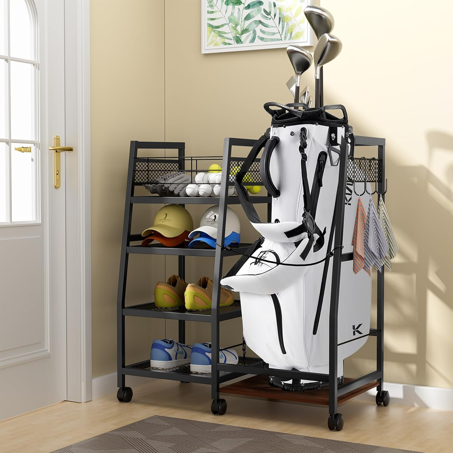 RHSTAO Golf Bag Garage Storage Rack with Wheels, Organizer for Single Golf Bag and Equipment Accessories, Ideal for Home, Garage, Club, Shed, Basement - Sturdy Wood and Metal Construction image number 6