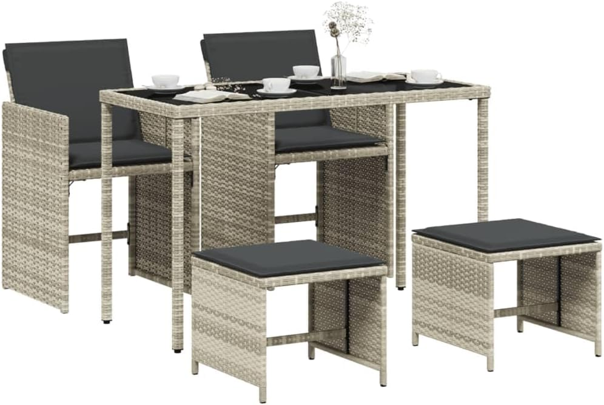 Vidaxl 5-Piece Bistro Garden Dining Set-Light Grey Poly Rattan with Foldable Chairs, Tempered Glass Tabletop, Thick Cushions image number 5