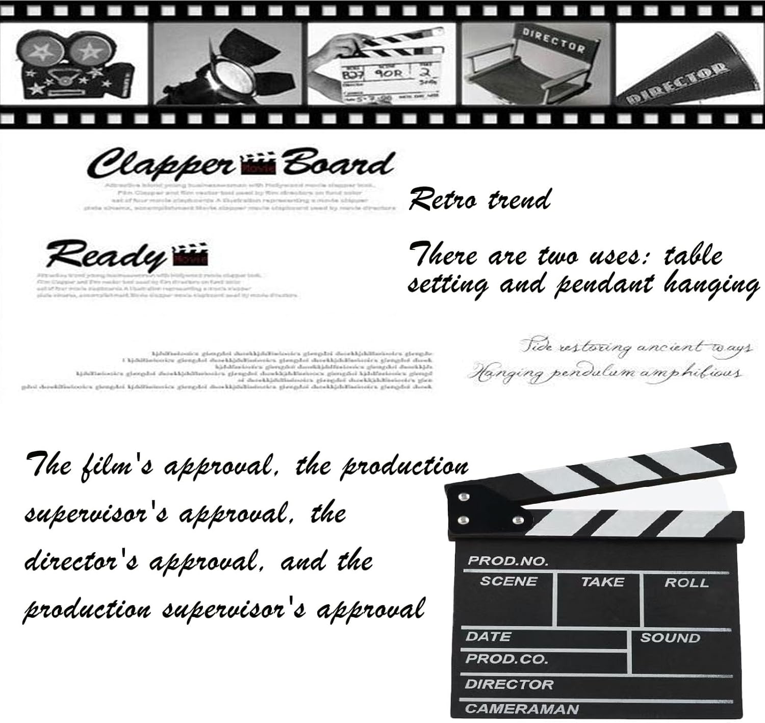 Hollywood Directors Clapboard with Erasable Pen - 10.63X11.8 Inch Black Film Clapper Board for Movie Theater Props, Photography Studio, Video & Television Production - Vintage Wooden Slate image number 5