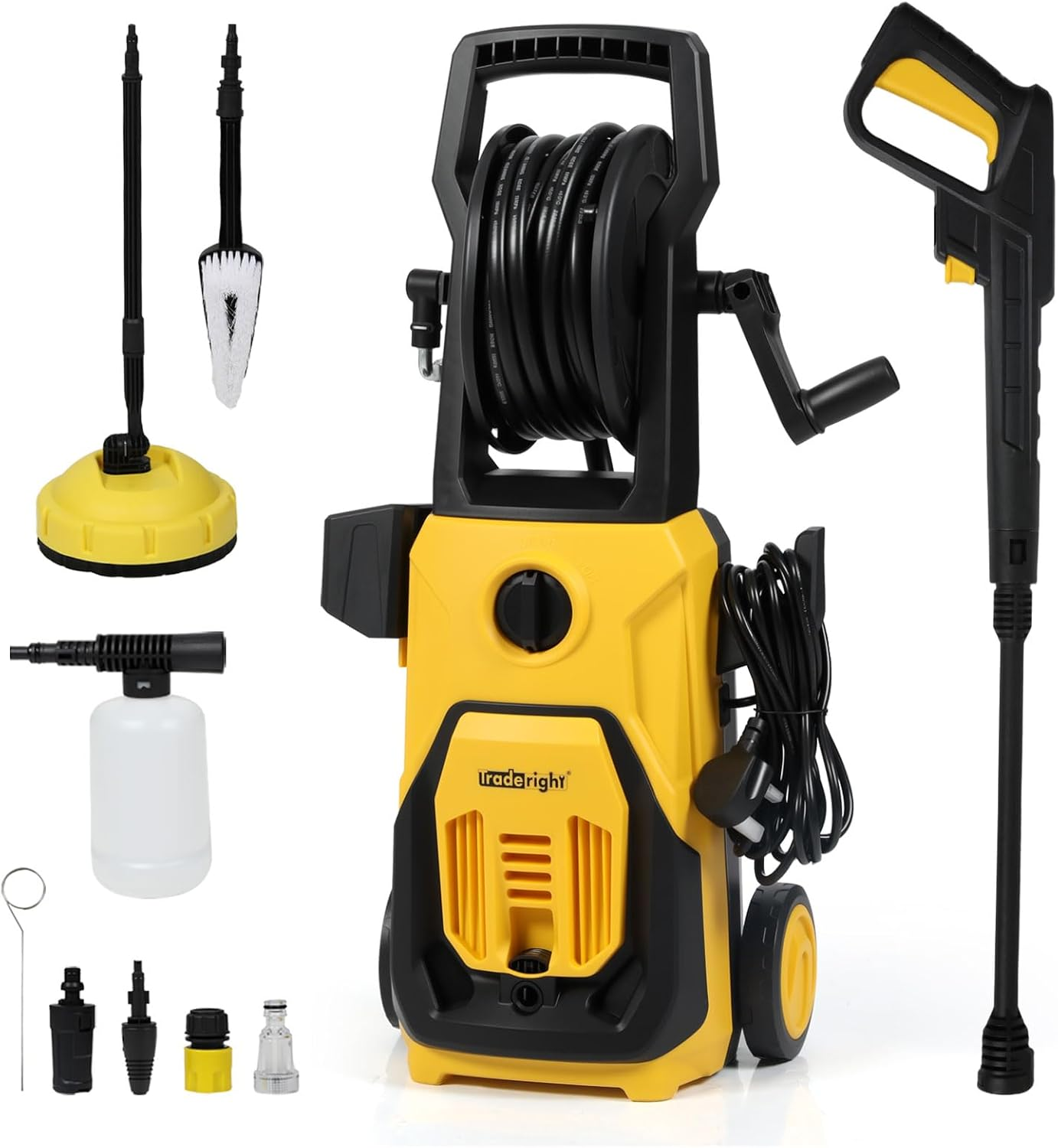 Traderight 1800W Electric Pressure Washer, 135 Bar High Pressure Cleaner with Hose Reel, Adjustable Nozzle & Foam Tank, Jet Blaster for Car, Driveway, Patio & Garden Cleaning