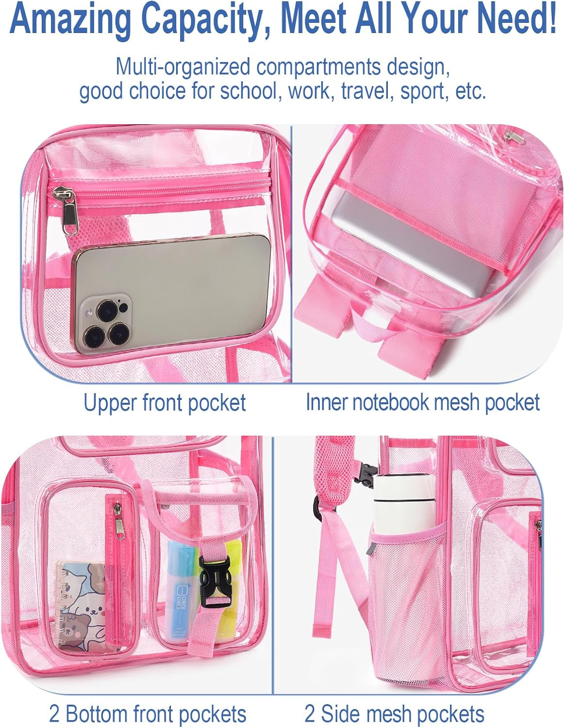 QOECI Heavy Duty Clear Backpack for School, 17 Inch Large Clear Bookbag for Women Men Boys Girls, See through Backpack image number 5