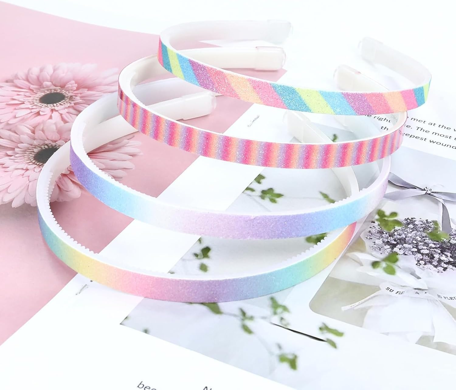 Pack of 5 Glitter Hair Bands - Colourful Non-Slip Hair Accessories - Cute Rainbow Confetti Design - Ideal for Little Girls Festive Occasions image number 2