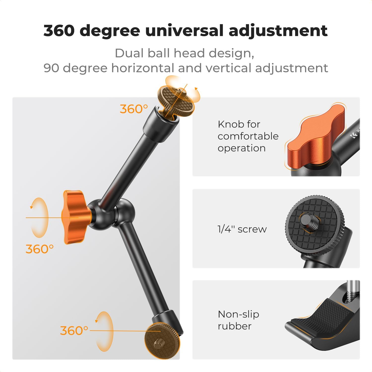 K&F CONCEPT 9.8" Magic Arm with Clamp, Super Clamp with 1/4" 3/8" Screw, Camera Arm with Cold Shoe Mount for DSLR Action Cam Monitor Tripod, Camera Mount Compatible with DJI Osmo Gopro Hero Insta360 image number 3