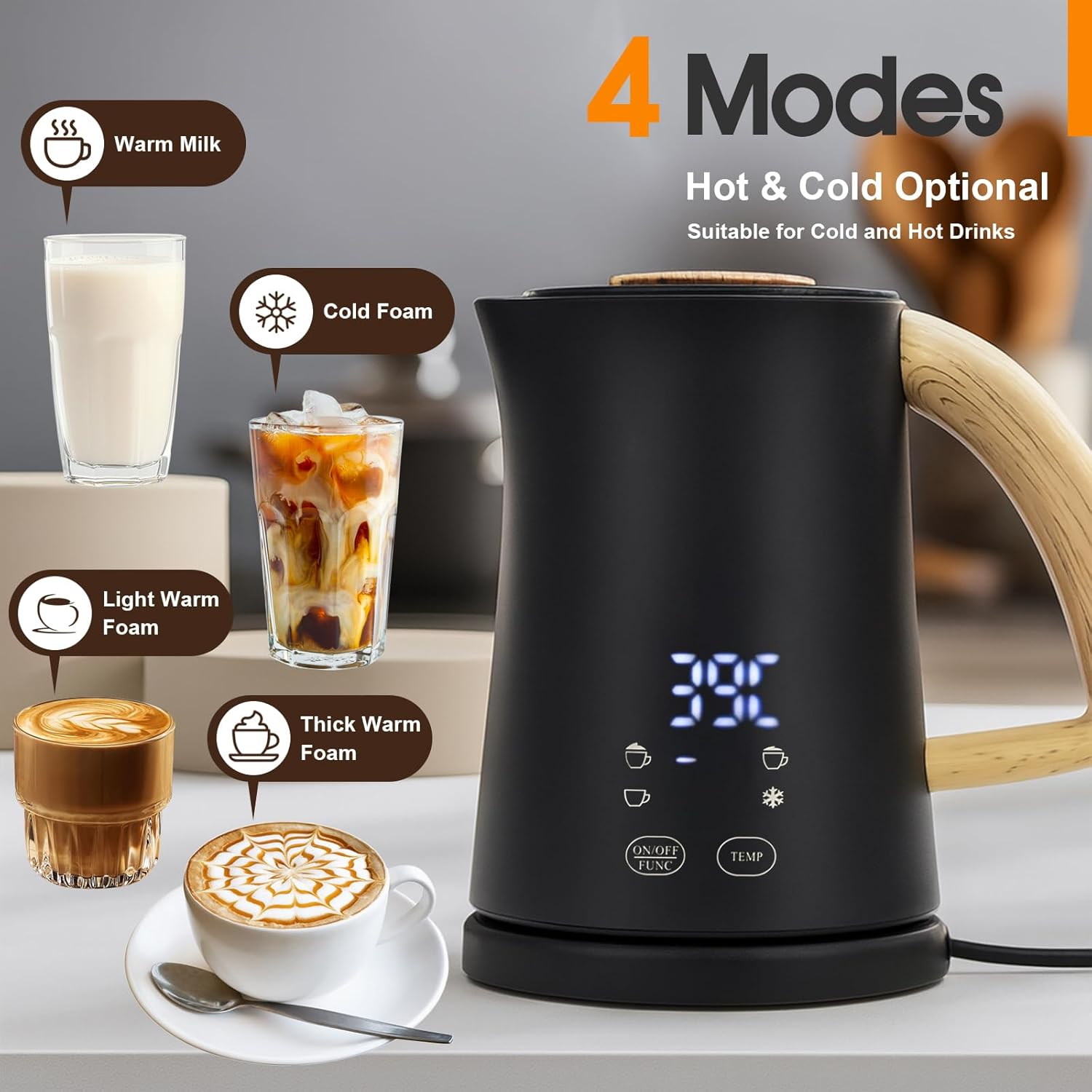 Advwin Electric Milk Frother, 4-In-1 Hot & Cold Frothing Coffee Steamer Frother, Digital Display Foam Maker with 500Ml Milk Heating, 290Ml Foam, Perfect for Latte, Cappuccino, and Coffee Drinks | 500W image number 4