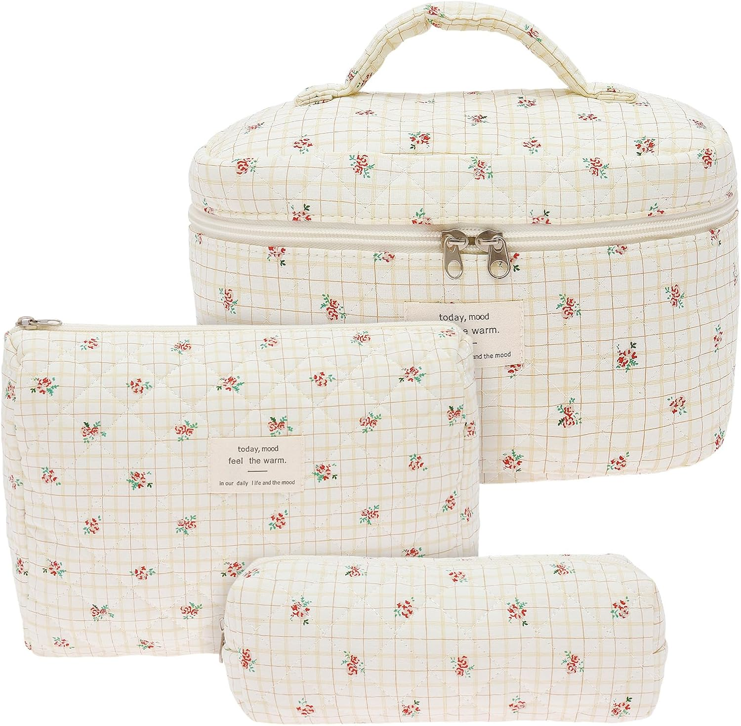 Rdjeokf 3 Pcs Makeup Bag, Large Portable Cotton Toiletry Pouch Tote, Cute Aesthetic Travel Cosmetic Bag, Cosmetic Organizer, Makeup Pouch for Women Girls, Ideal Mothers Day Gift (Style 1)