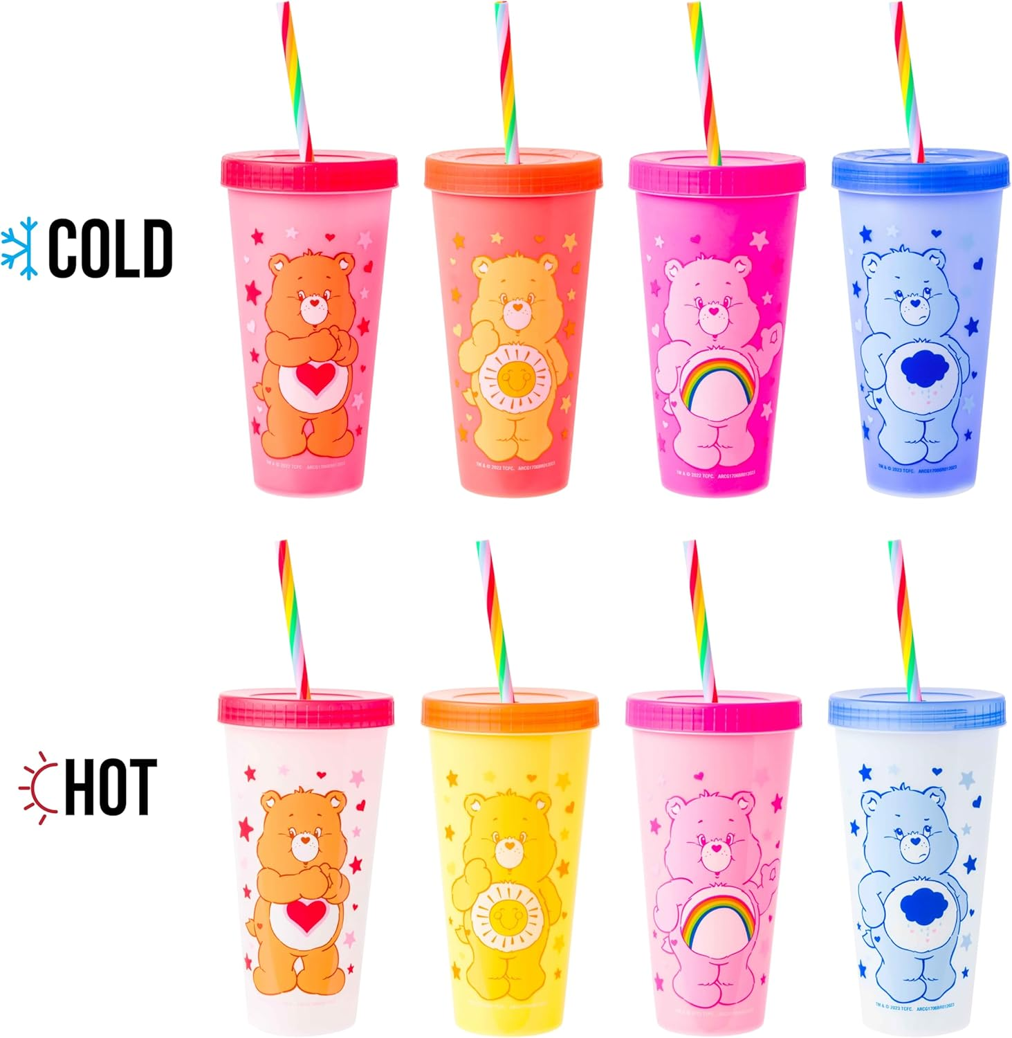 Silver Buffalo Care Bears Hearts Rainbow Swirl Straw 4 Pack Color Change Plastic Tumbler, 24 Ounces - Care Bears Hearts And Stars image number 4