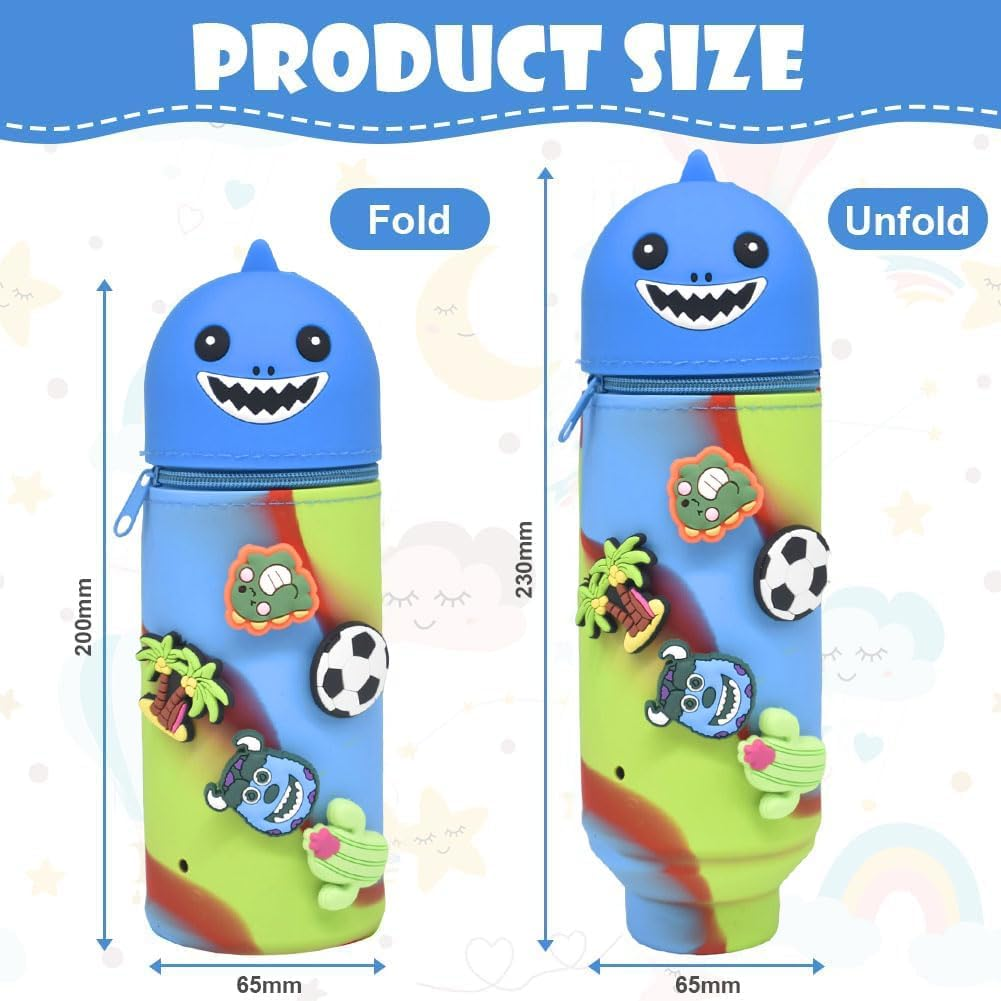 KDFSSIPE 2-In-1 Soft Silicone Case Kawaii Pencil Case and 5 Pieces Erasable Retractable Pens, Pencil Case, Stand up Pencil Case, Animal Pen Holder, Pencil Bag Girls Boys (Shark) image number 3