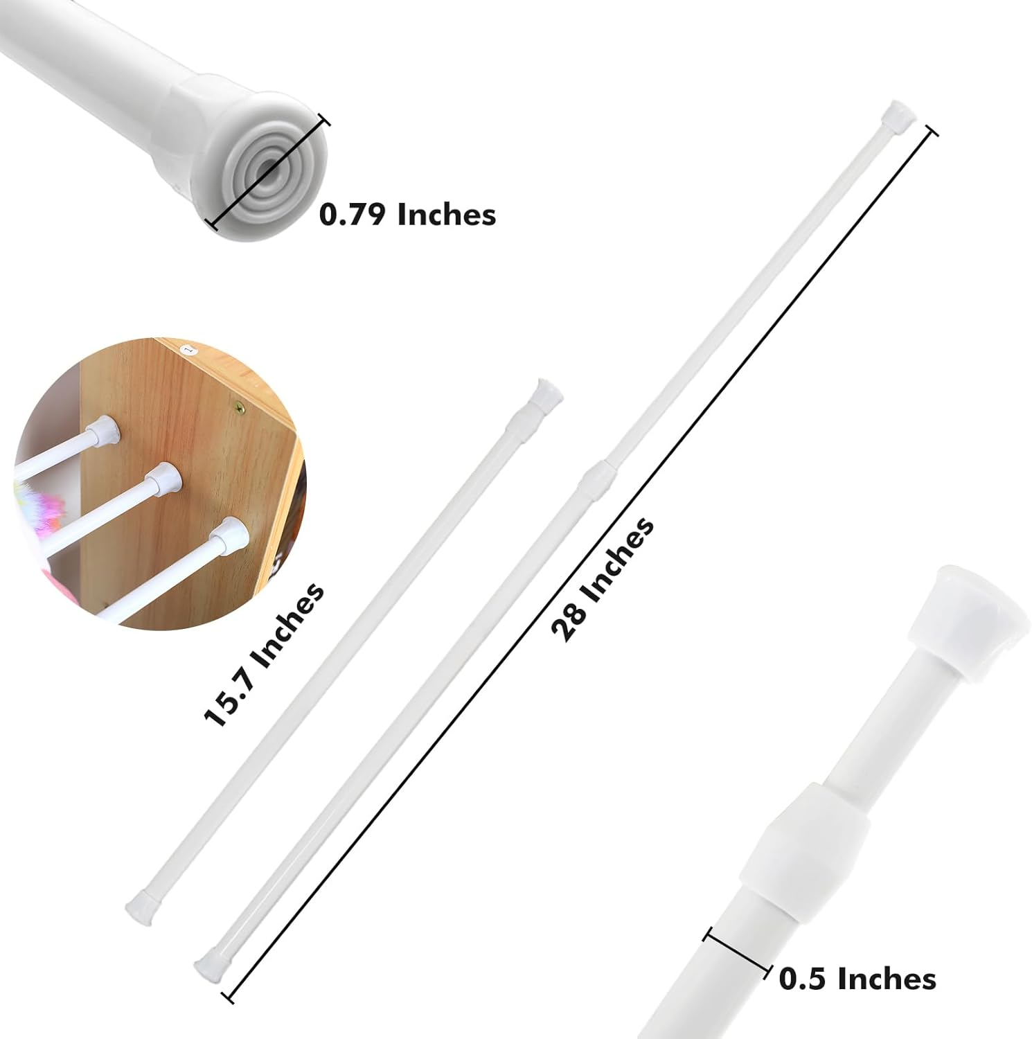 8 Packs Small Tension Rods 16 to 28 Inch Spring Adjustable Bars for Camper RV Refrigerator, Kitchen Windown, Cupboard Utensils, Closet, and Cabinet, White image number 1