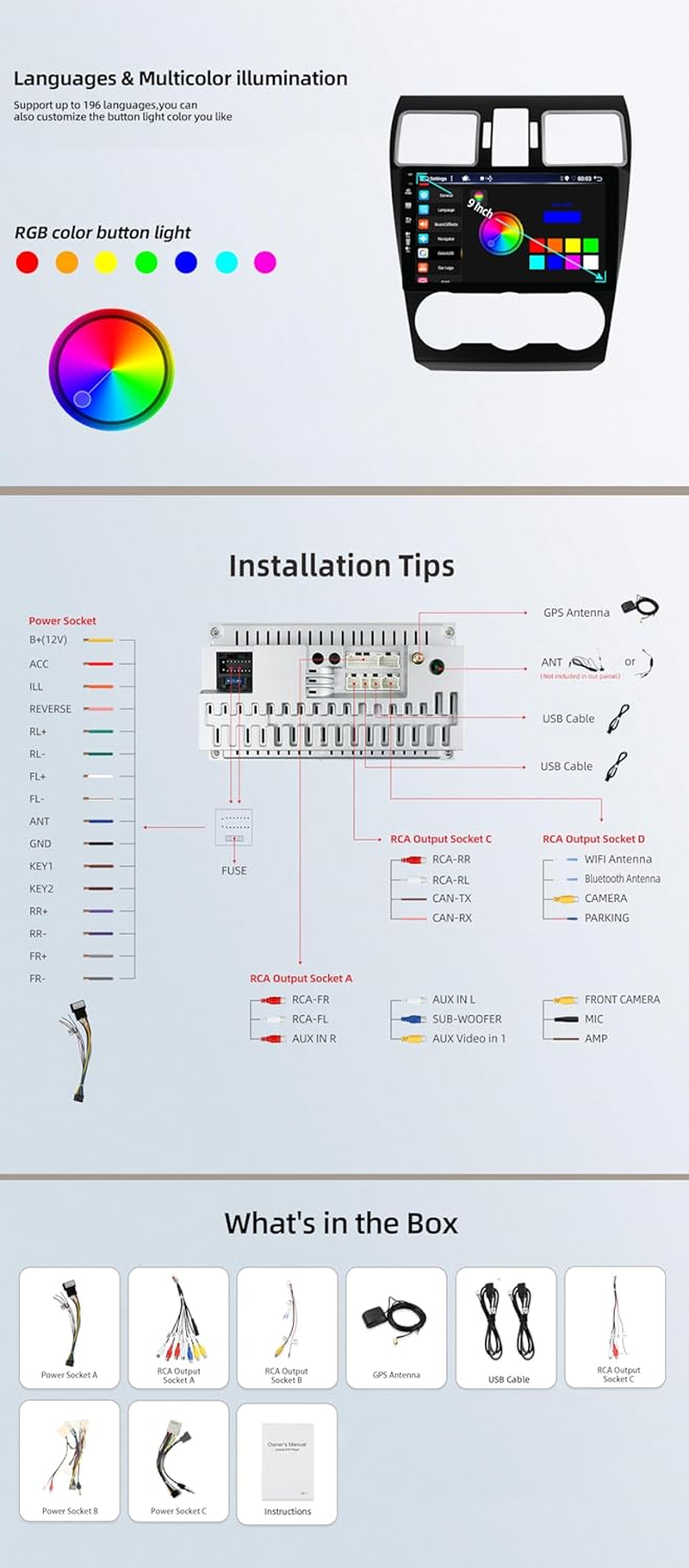 Android 14 IPS Car Stereo for Subaru Forester/Xv/Wrx (2015-2017) - Wireless Carplay/Android Auto - 4G+64G - Camera + MIC - 9 Inch 2 Din - 8-Core - Steering Wheel DAB Fast-Boot 360-CAM Wifi