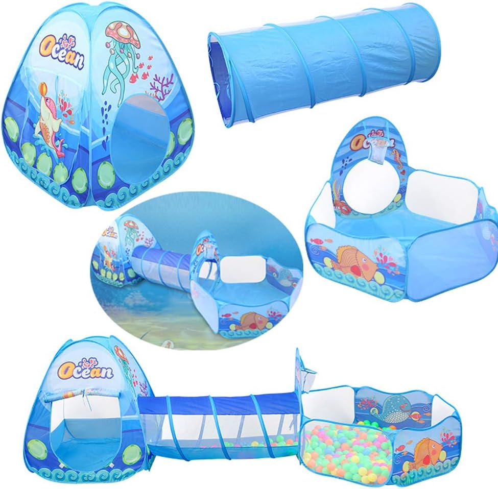 3 in 1 Sky Style Large Play Tent Crawling Tunnels and Ball Pit Set for Toddlers Indoor Outdoor with Carrying Bag (Blue)
