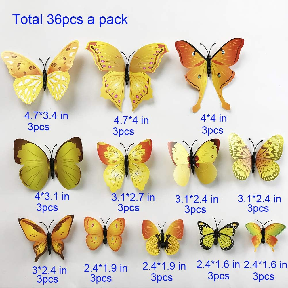 36Pcs 3D Colorful Butterfly Wall Stickers DIY Art Decor Crafts for Party Nursery Classroom Offices Kids Girl Boy Baby Bedroom Bathroom Living Room Magnets and Glue Sticker Set (Yellow-Single Wing) image number 4