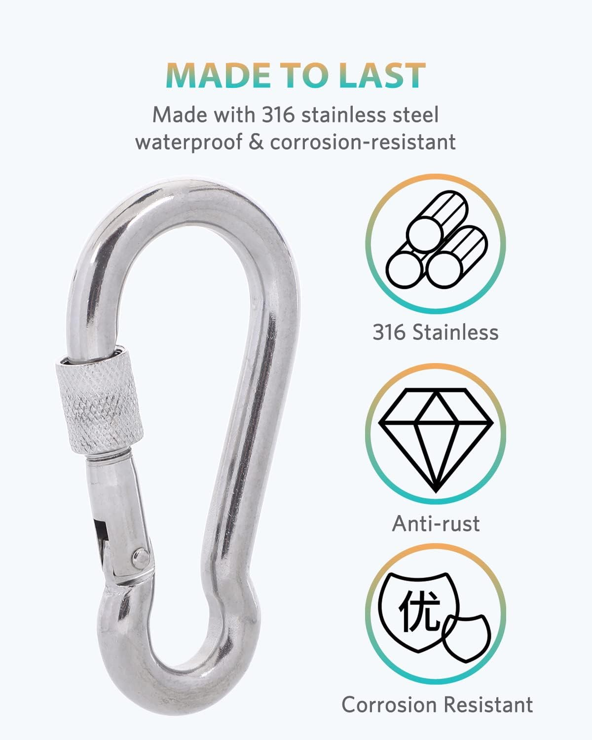 Carabiner Clips, 316 Stainless Steel Carabiner Clip, Heavy Duty Carabiner Hooks, Keychain Carabiners, Multi-Purpose Spring Snap Hook for Dog Leash, Outdoor Camping, Swing, Hammock image number 4