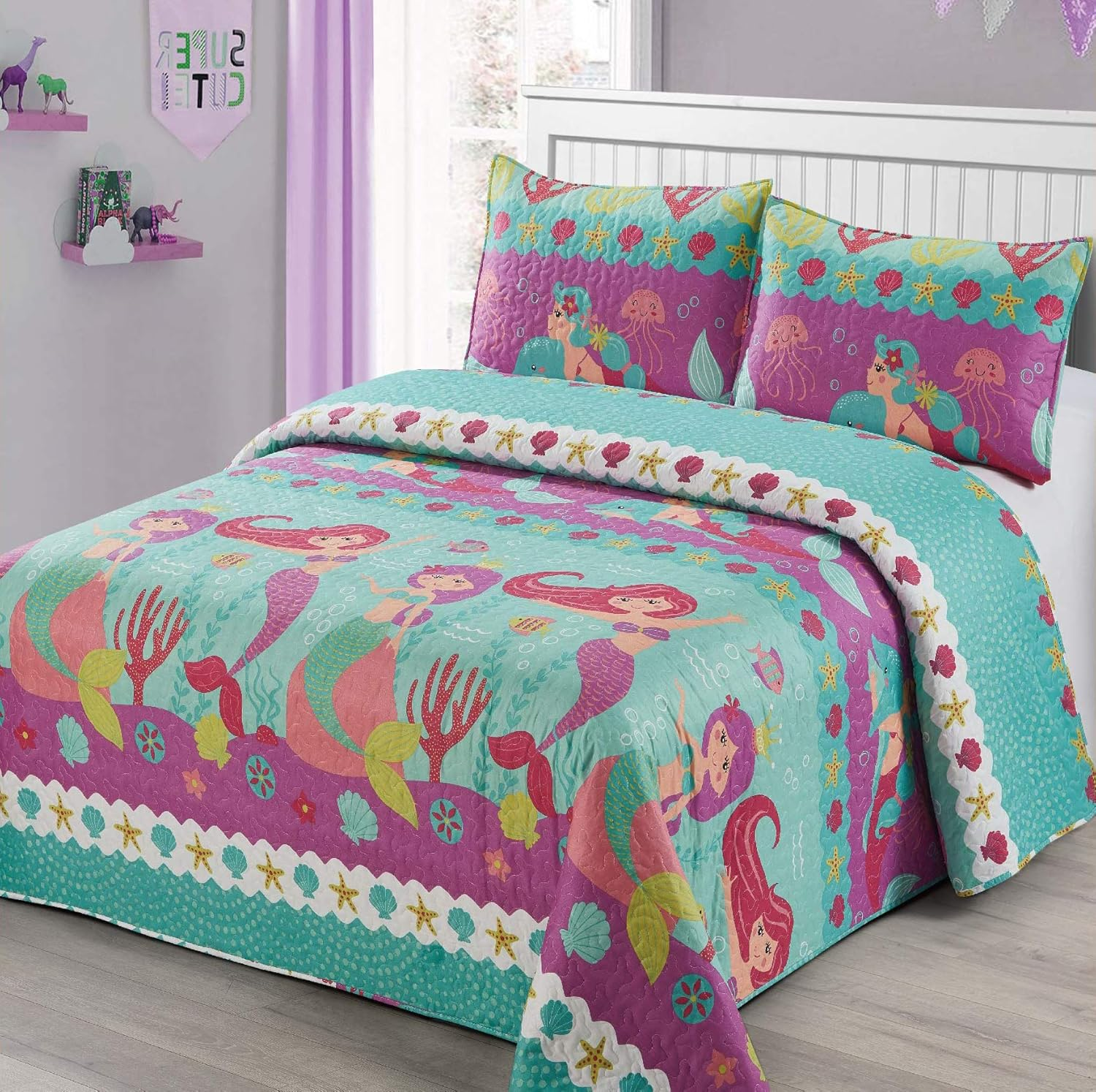 2Pc Twin Size Quilt Bedspread Kids/Teens Hearts Pink Purple/Lavander White Girls Multicolor Bedding New image number 5