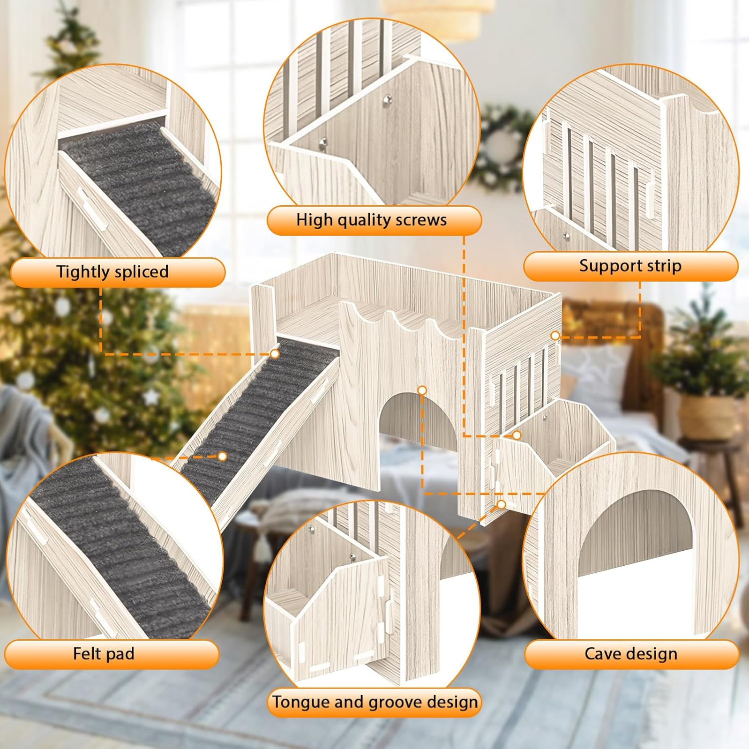 Wooden Guinea Pig Castle, Guinea Pig Houses and Hideouts with Feeding Basin, Rabbit Castle for Indoor Bunnies (Beige Color) image number 2