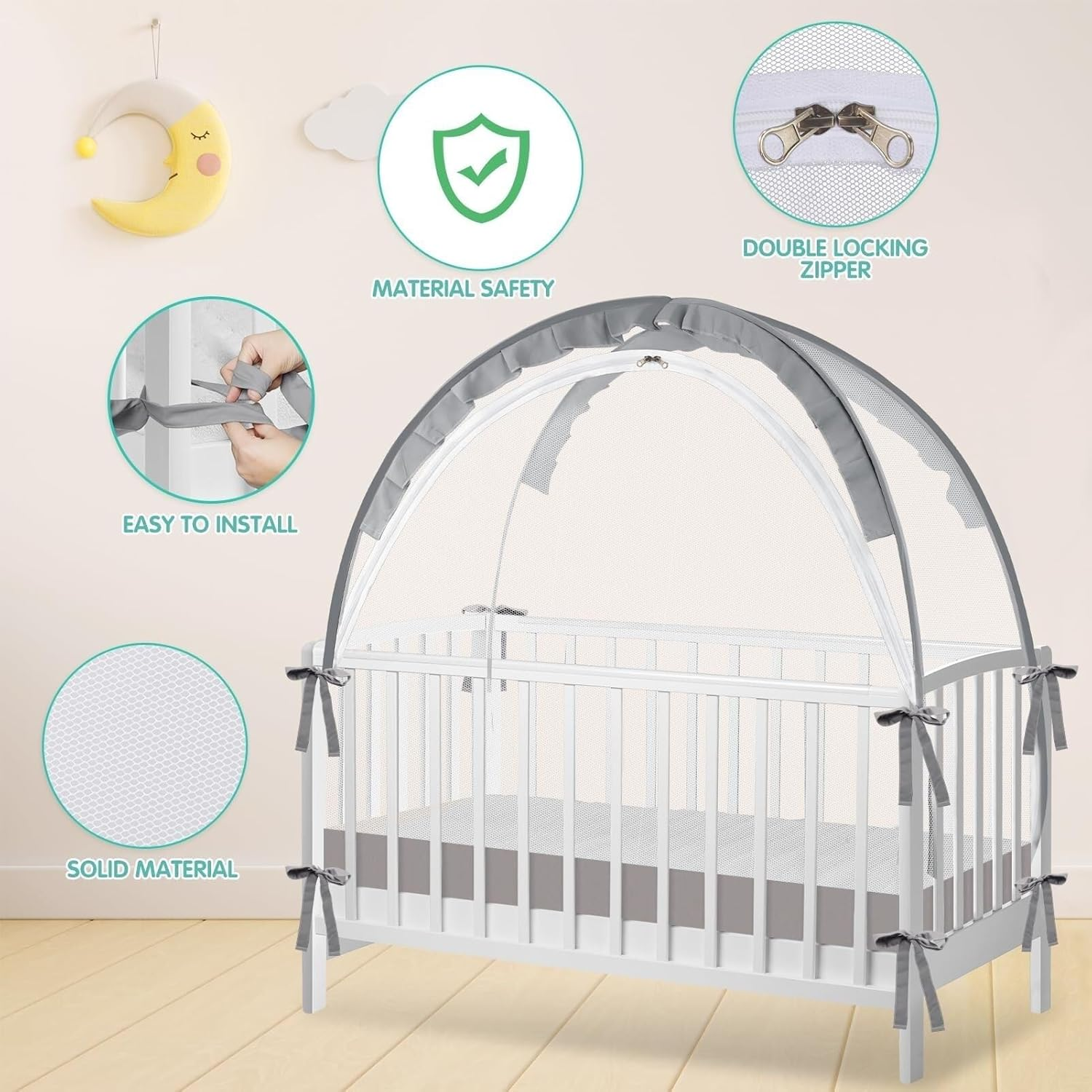 Safety Pop up Crib Tent, Fine Mesh Netting Cover to Keep Baby from Climbing Out, Falls and Mosquito Bites, Safety Net, Canopy Netting Cover - Sturdy & Stylish Infant Crib Topper, Baby Bed Tent(Grey La image number 2