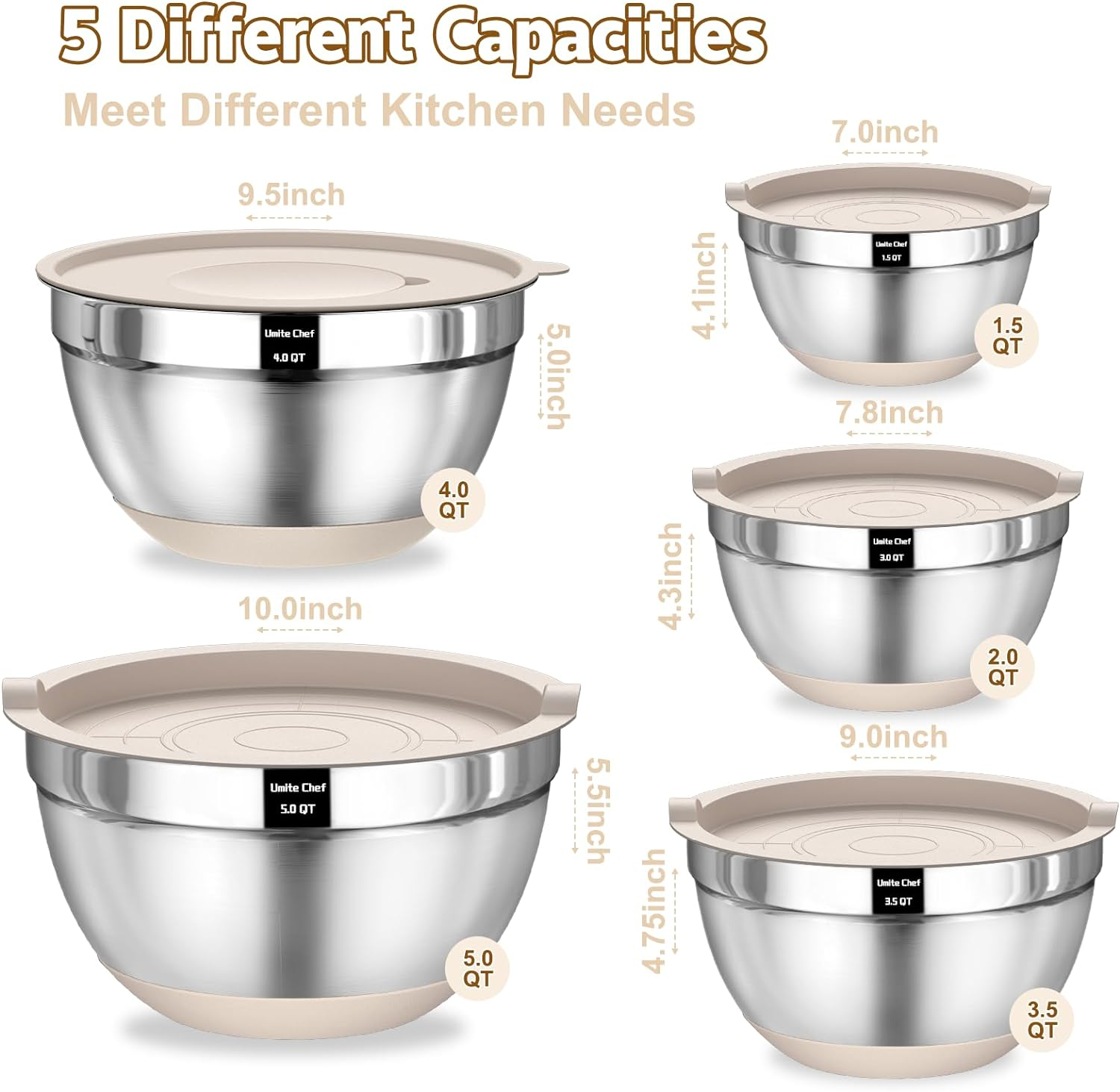 Umite Chef Mixing Bowls with Airtight Lids Set, 8PCS Stainless Steel Khaki Nesting Bowls with Grater Attachments, Kitchen Bowls with Non-Slip Bottoms, Size 5, 4, 3.5, 2, 1.5QT for Mixing & Serving image number 6
