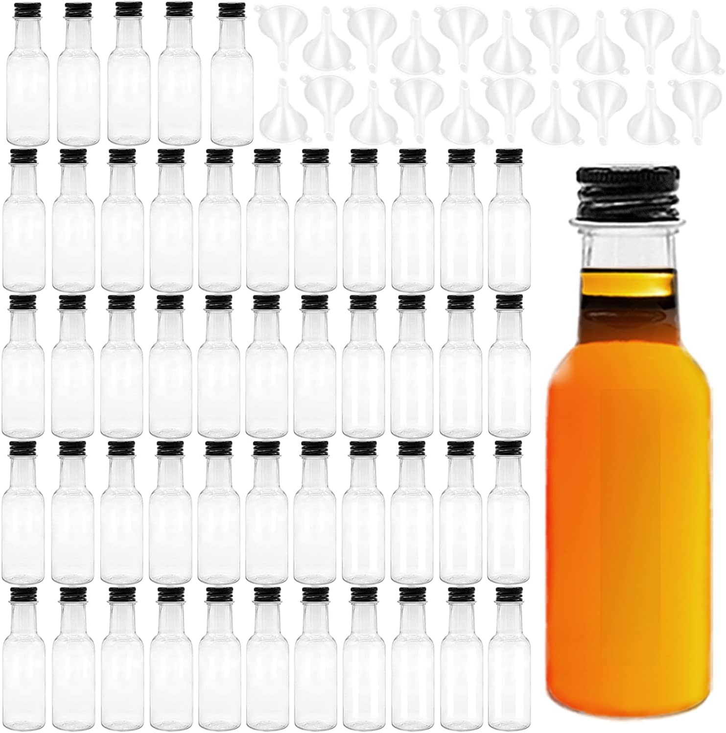 Qiuttnqn Mini Liquor Bottles,50 Pack Empty Spirit Bottles with Black Cap,1Oz/30Ml Alcohol 20 Funnels,Miniature for Weddings,Party Favors image number 5