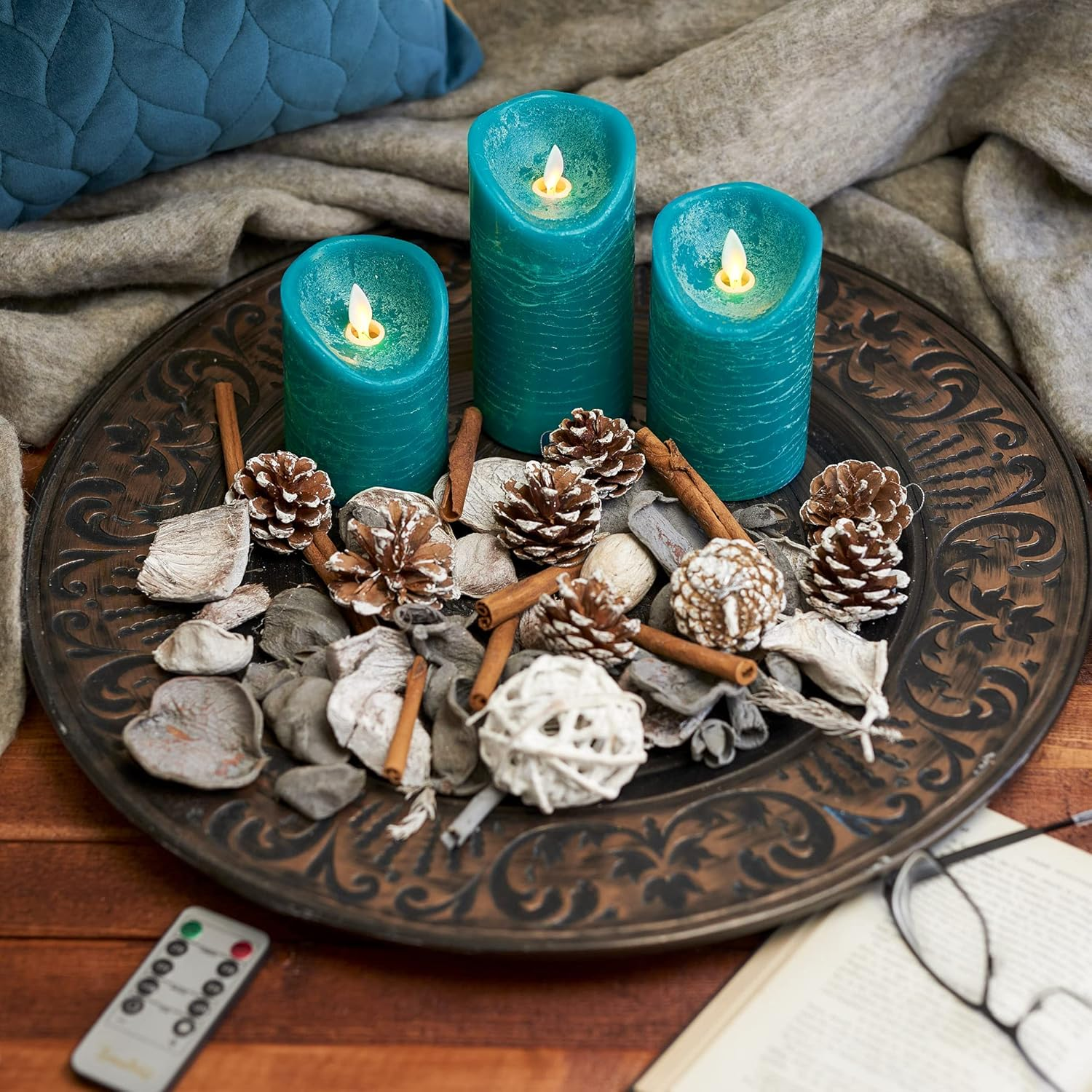 Flameless Candles Flickering LED | Battery Operated Electric Pillar Candle | Realistic Moving Flame Flicker with 2 Remote Controls & Timer | Real Wax Tempo Teal | Great Home Decor | Decorative Gift image number 4