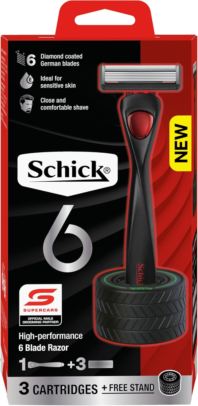Schick Mens - Schick 6 Razor Kit for Men | 1 Handle with 3 Refills + Free Tyre Stand | 6 Diamond Coated Blades | Ideal for Sensitive Skin | Close and Comfortable Shave image number 3