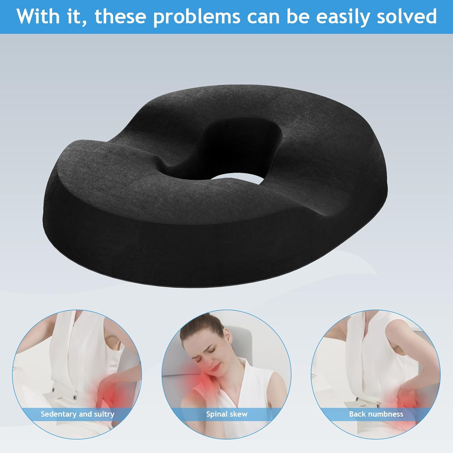 LEFAFA Donut Pillow Hemorrhoid Tailbone Cushion, Premium Memory Foam Seat Cushion, Orthopedic Pain Relief Pillow for Pregnancy, Coccyx, Bed Sores, Post Natal, Sciatica (Black) - Black image number 1