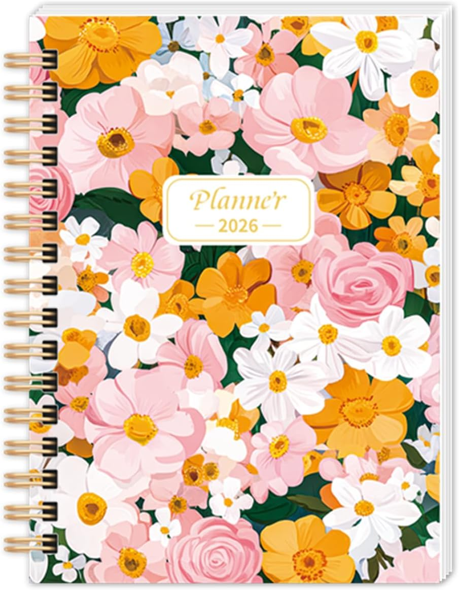 2026 Planner, Weekly ＆ Monthly Planner 2026, Jan 2026 &ndash; Dec 2026, 5.9" X 8.26", 12 Monthly Tabs, Thick Paper, Spiral Wirebound, Watercolor Flowers (Pink) (Pink Color)