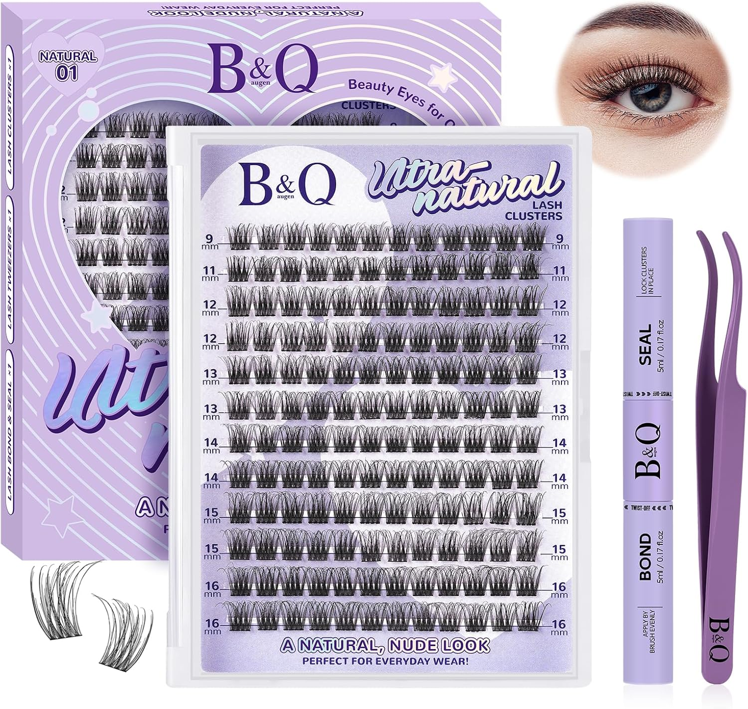 B&QLASH Lash Clusters Kit 144PCS Wispy Lash Extension Kit 9-16Mm Soft Natural with Cluster Glue and Lash Tweezer D Curl Pesta&ntilde;as Postizas Naturales (Kit,Natural 02-9-16MIX)