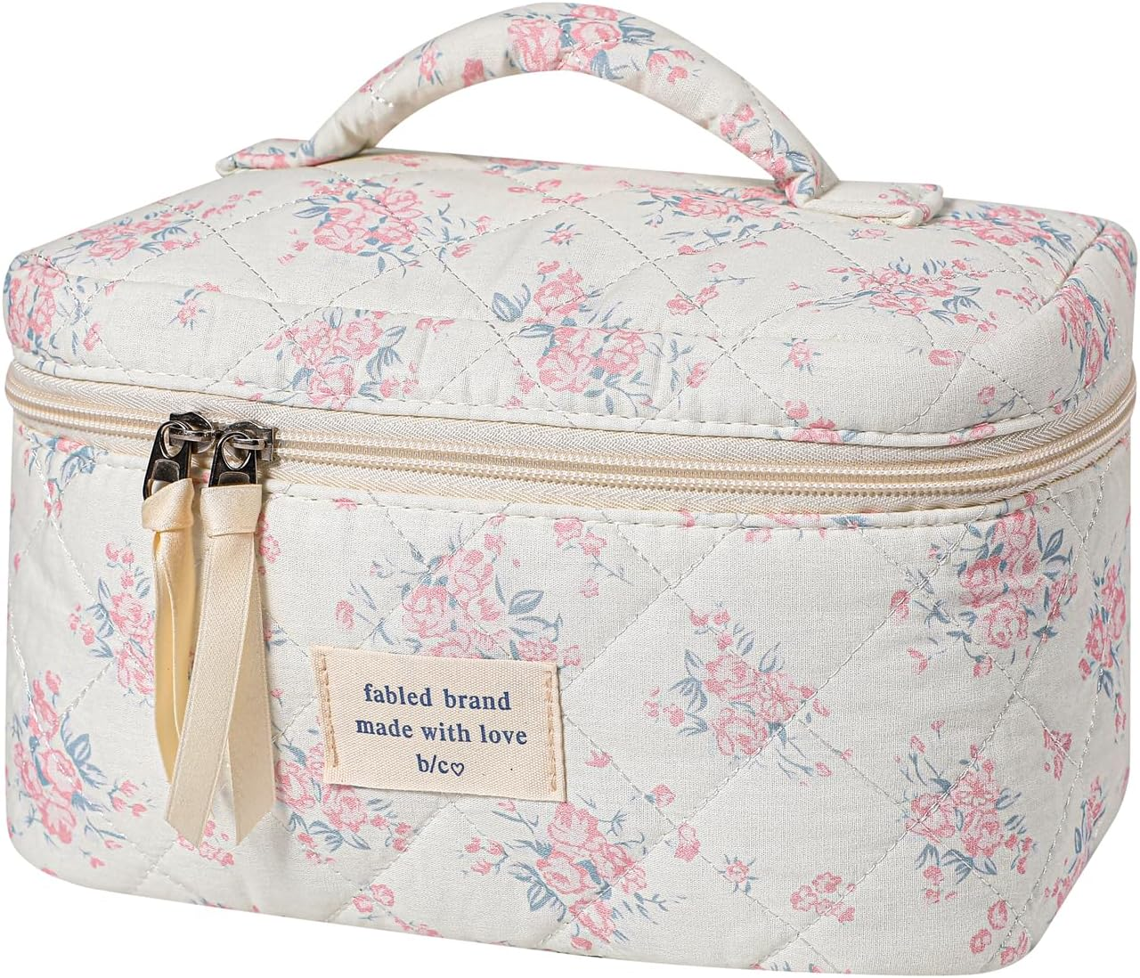 Uekeboag Large Travel Quilted Makeup Bag for Women, Floral Cotton Cosmetic Bag, Coquette Aesthetic Floral Toiletry Organizer Bag, White-Cherry, Floral Cotton - 03White-Bear image number 3