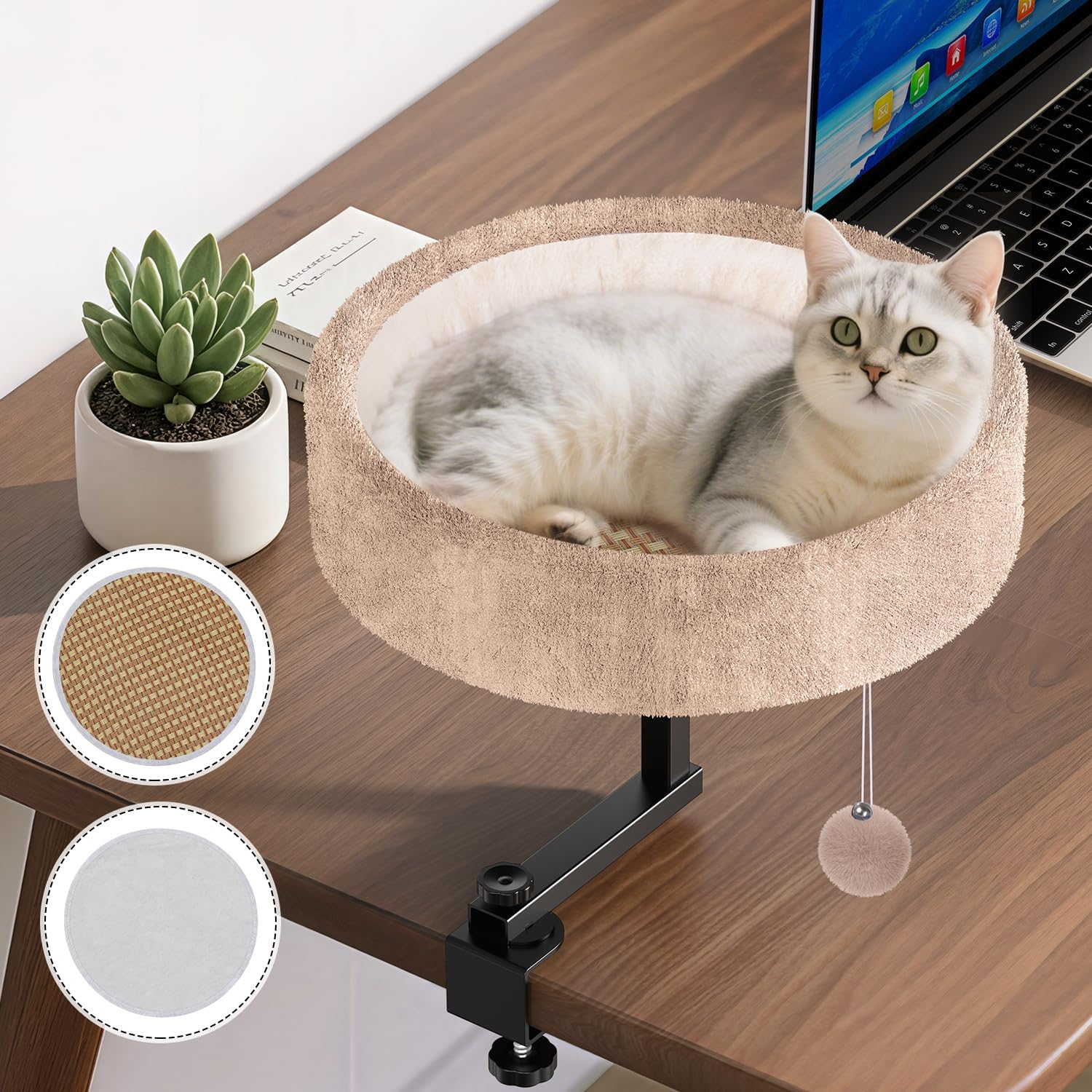 Cat Desk Bed - 360&deg; Rotating & Adjustable, Supports 44 Lbs, Soft Faux Fur with Dual-Sided Reversible Mat, Modern Indoor Cat Nest Furniture for Office Desks and Game Tables, Island Table