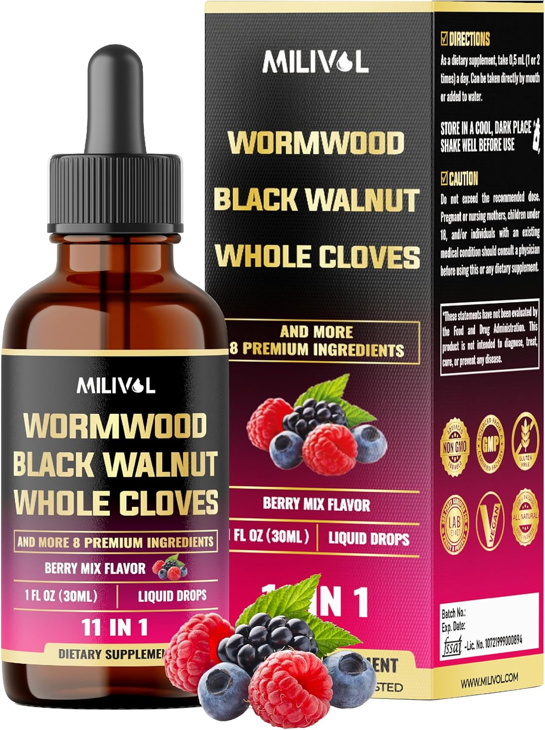 11In1 Black Walnut Wormwood Tincture Extract with Whole Cloves, Berberine and 8 More - 2 Months Supply - 1 Fl Oz - Berry Mix Flavor image number 3