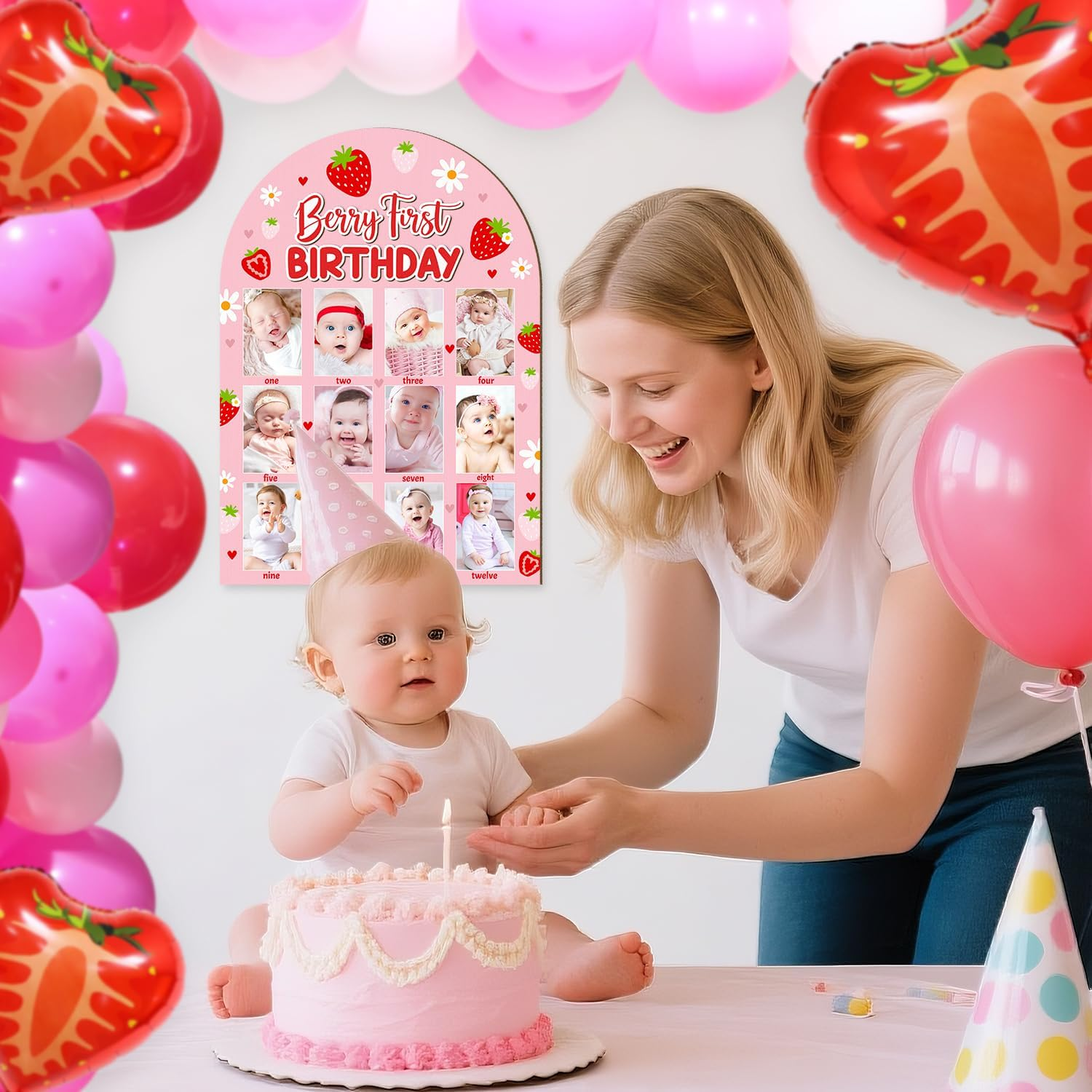 R HORSE 3D Berry First Birthday Wood Photo Display Board, Pink Strawberry Baby'S First Year Picture Frame, 1-12 Months Milestone Board Birthday Decorations Keepsake Gift for Baby Girls Nursery Decor image number 4