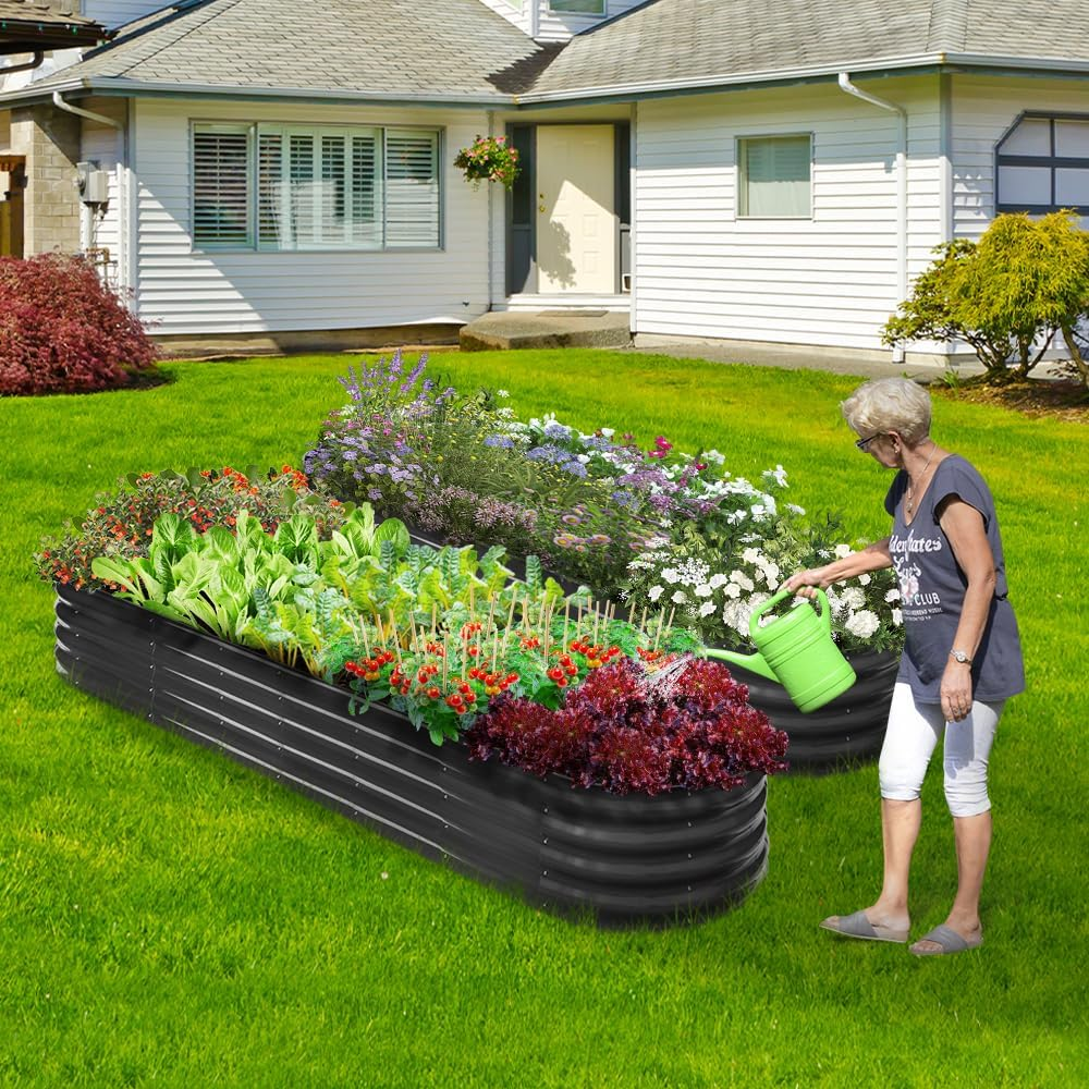 LI LIVSIP Galvanized Raised Garden Bed - Large Oval Planter Box for Outdoor Plants Vegetables Flowers Fruits, Gardening Gloves & Pegs Included, 320X80X42Cm, Grey image number 4