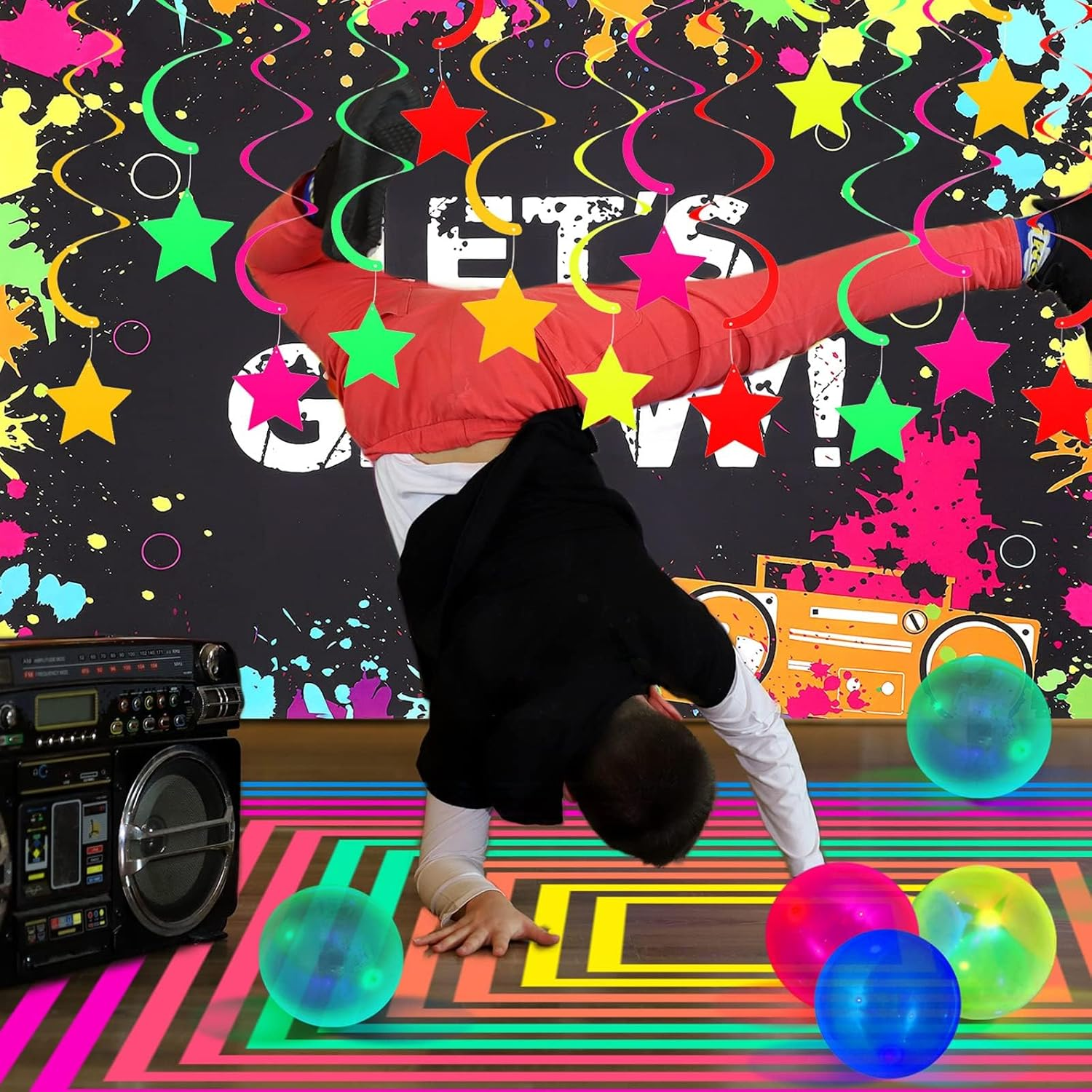 Glow Party Neon Party Supplies Includes 6 UV Blacklight Reactive Tape Luminous Tapes Neon Paper Garland Happy Birthday Banner 10 Hanging Swirls, 25 Fluorescent Balloons for Birthday Party Decorations image number 6