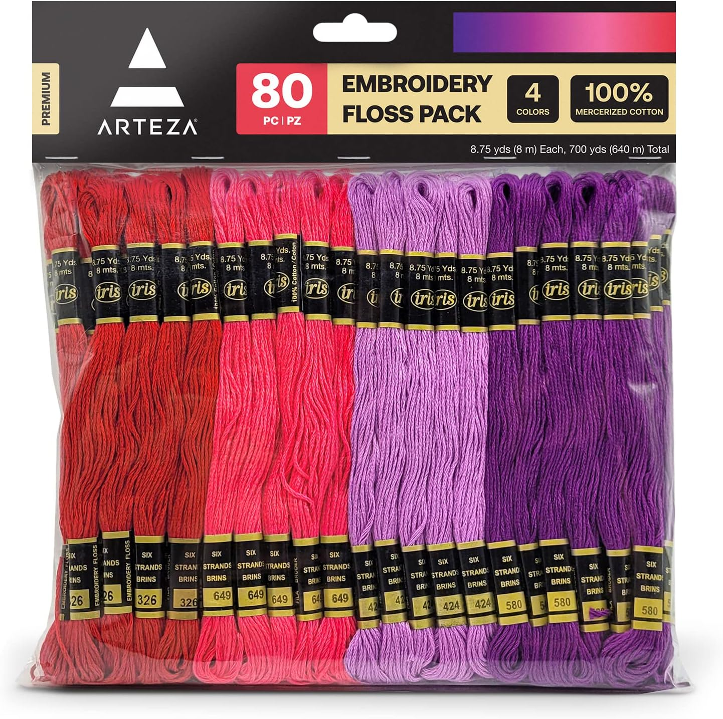 Arteza Embroidery Thread Pack &ndash; 80 Skeins of Embroidery Floss, 20 Each of Red, Pink, Purple & Violet &ndash; 100% Mercerized Cotton Friendship Bracelet String &ndash; Cross Stitch Supplies, 700 Yards per Pack image number 4
