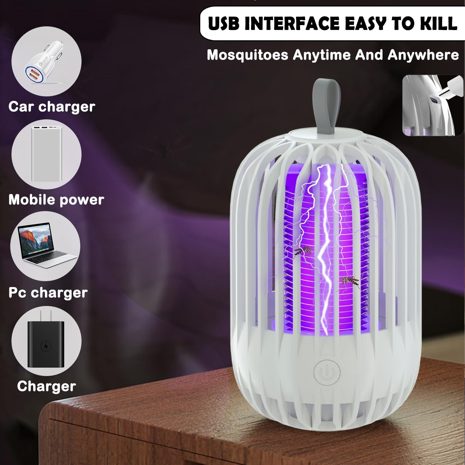 Mosquito Killer Lamp, 2 in 1 LED Mosquito Zapper, Portable USB Rechargeable Indoor and Outdoor Mosquito Killer, with UV Light Effective Fly Zapper for Use in the Home, Garden,Yard (White) - Grey image number 4