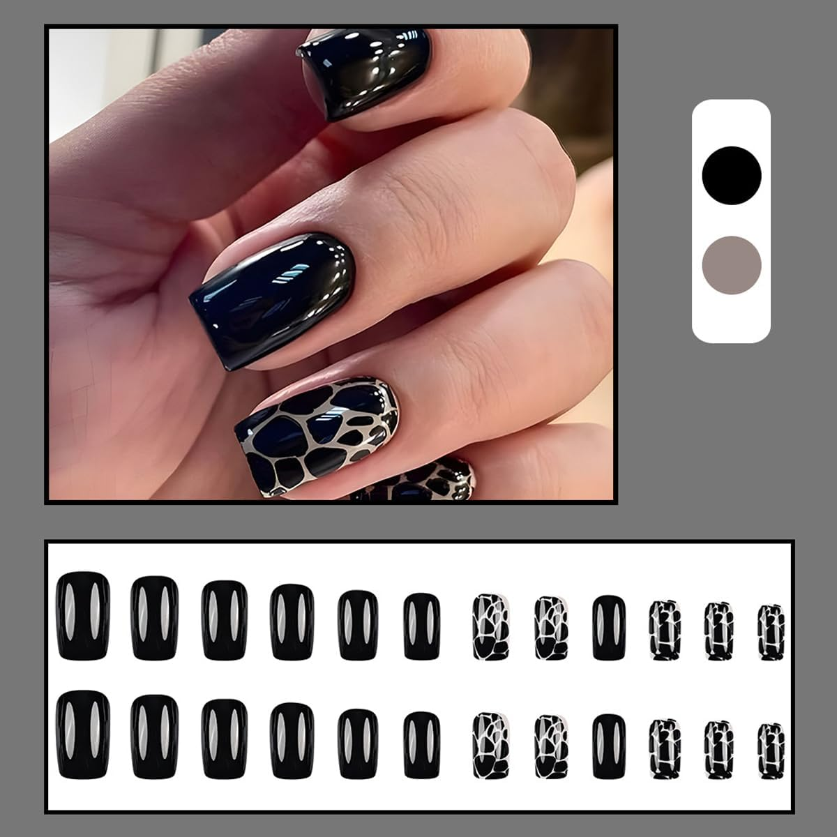 ＴＩＺＹＦＦ Press on Nails, Black Leopard Print Fake Nails, Artificial Nails for Women and Girls -24 Pcs