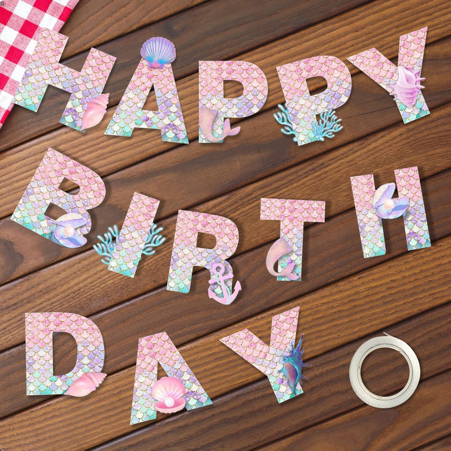 Mermaid Happy Birthday Banner, Birthday Party Decorations for Girls, Mermaid Theme Birthday Party Supplies for Home Table Outdoor (YLPDTZ-001)