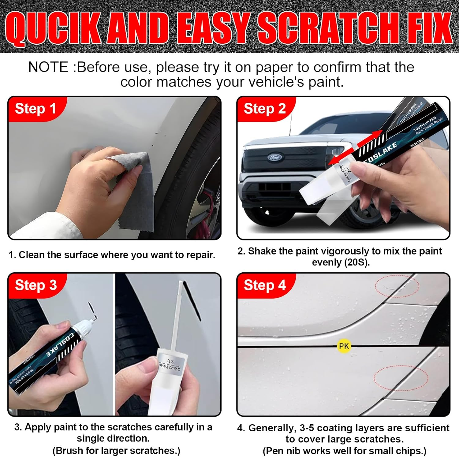 Car Touch up Paint(Oxford White(Z1)) for Ford, Car Paint Scratch Repair Kit, Quick & Easy Solution to Repair, 2 in 1 Scratch Remover Pen with 2PCS Disposable Micro Applicators image number 1