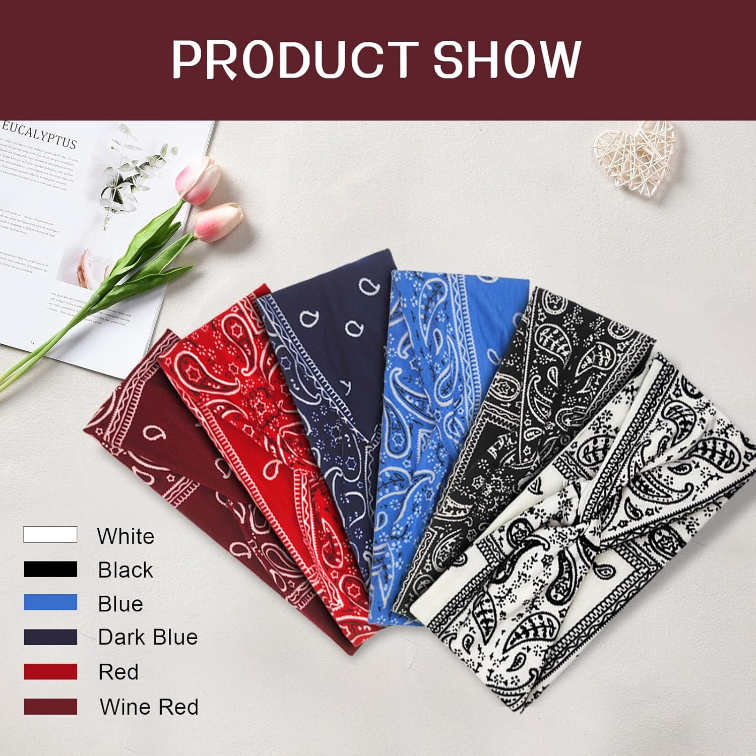 Pack of 6 Multicoloured Wide Headband Headscarves, Summer Boho Headband Print Hair Accessories, Durable Hair Bands, Women'S Wide Elastic Soft, Yoga Sports Hair Band, Multicoloured for Women and Girls