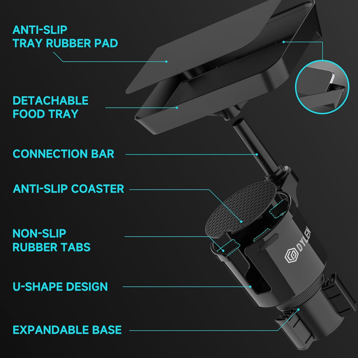 DYLEN Car Cup Holder Expander, 24Cm Detachable Car Food Tray Table for Eating, Cup Holder Expander Adapter for Car, Road Trip Essentials Fits Large Drink Bottles 500-1500 ML (7.1-10.7 CM) image number 5