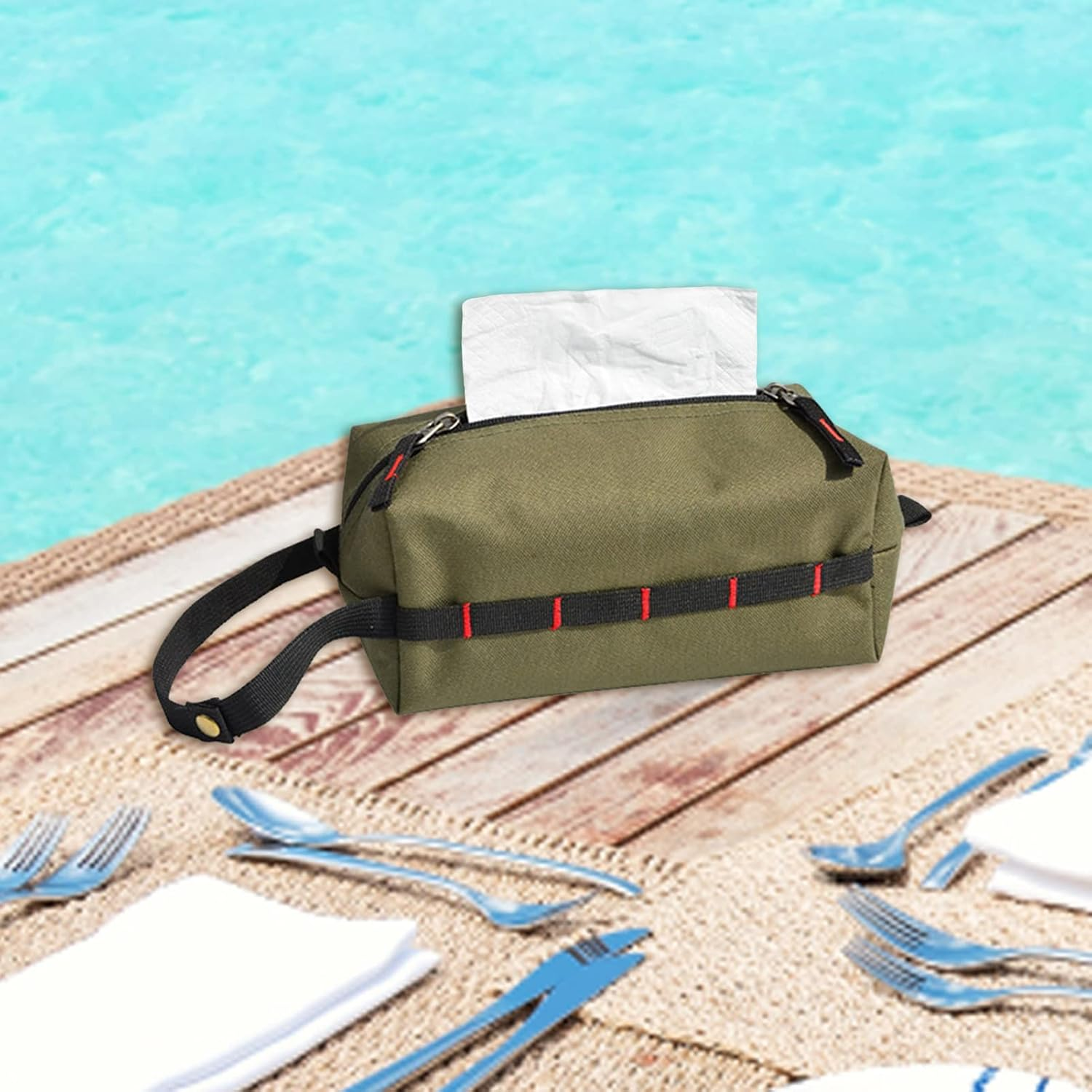 Toilet Paper Holder | Outdoor Camping Tissue Box Holder,Waterproof Tissue Napkin Case for Car Camping - Army Green image number 2