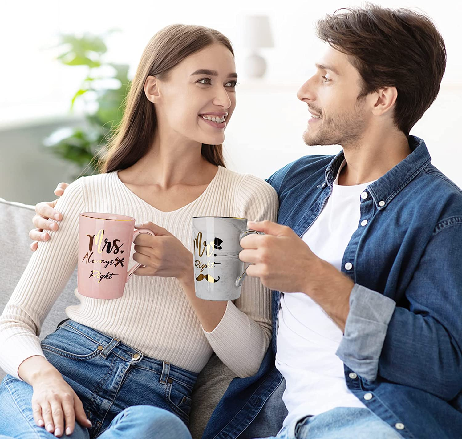 ALBISS Mr Right Mrs Always Right Couple Coffee Mugs Cups - Bridal Shower Wedding Anniversary Valentines Day Gift - Bride and Groom Newlyweds Married Couples Ceramic Marble Cups Set, 14Oz Pink & Grey&hellip; image number 3