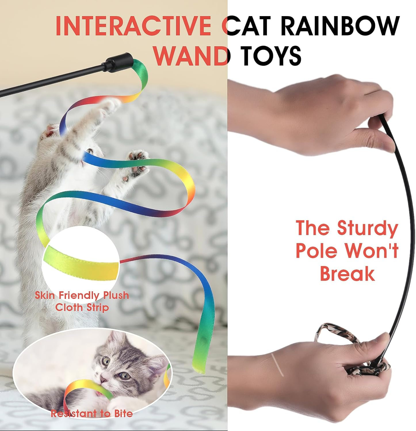 Amaxiu Cat Wand Toy Set, Interactive Cat Wand Toy with Rainbow Ribbon String, Rainbow Cloth String, Leopard Print Cloth String for Small Cats Kittens Indoor Training Catcher(6 Packs) image number 2