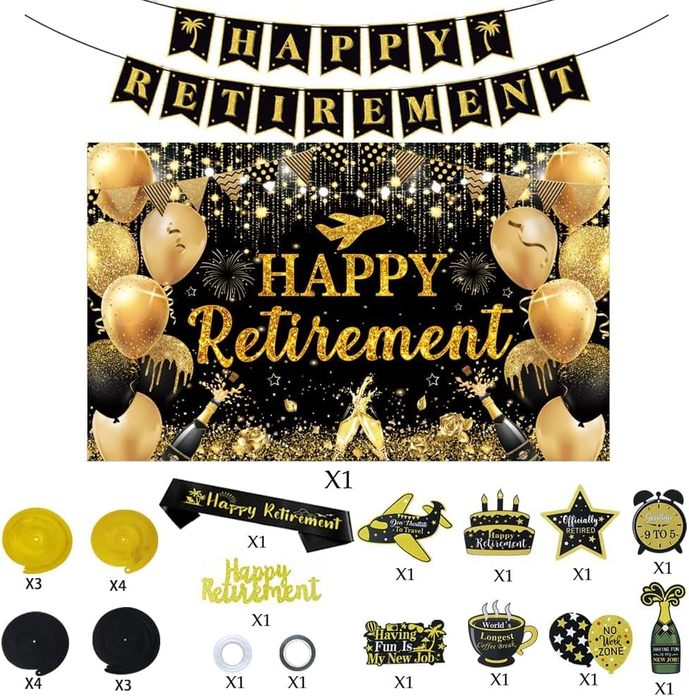 Black Gold Happy Retirement Banner Backdrop Kit with Sash,Funny Card Hanging Swirls Streamers,Cake Topper-1.5M X 0.9M Retirement Decorations Photography Party Supplies for Men Women image number 6