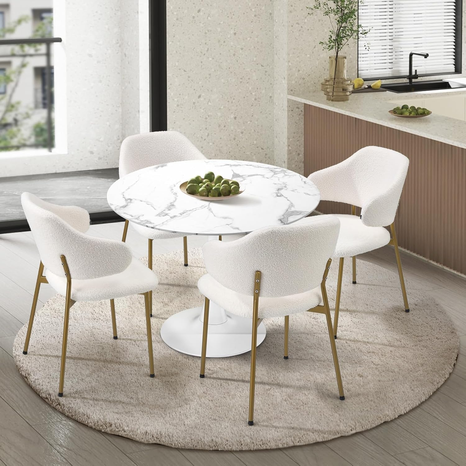 Oikiture Dining Table and Chair Set 90Cm round Table with Dining Chairs Set of 4 Sherpa Kitchen Chair White