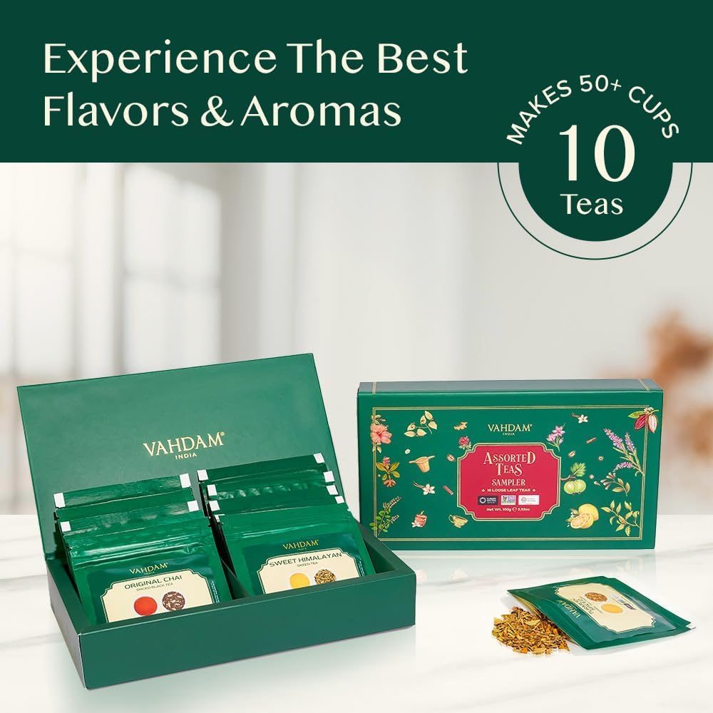 VAHDAM, Assorted Loose Leaf Tea Sampler (10 Teas) Non-Gmo, Gluten Free | Whole Loose Leaf Tea Sampler | Tea Variety Pack | Tea Gift Set | Gifts for Women & Men image number 1